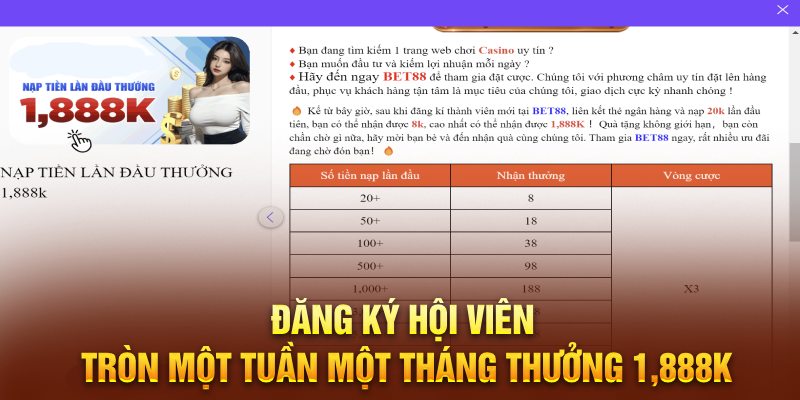 Đăng ký hội viên tròn một tuần một tháng thưởng 1,888K