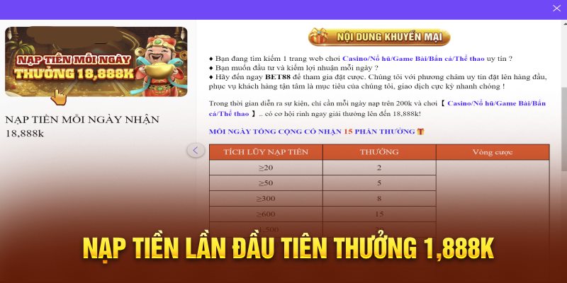 Nạp tiền lần đầu tiên thưởng 1,888K